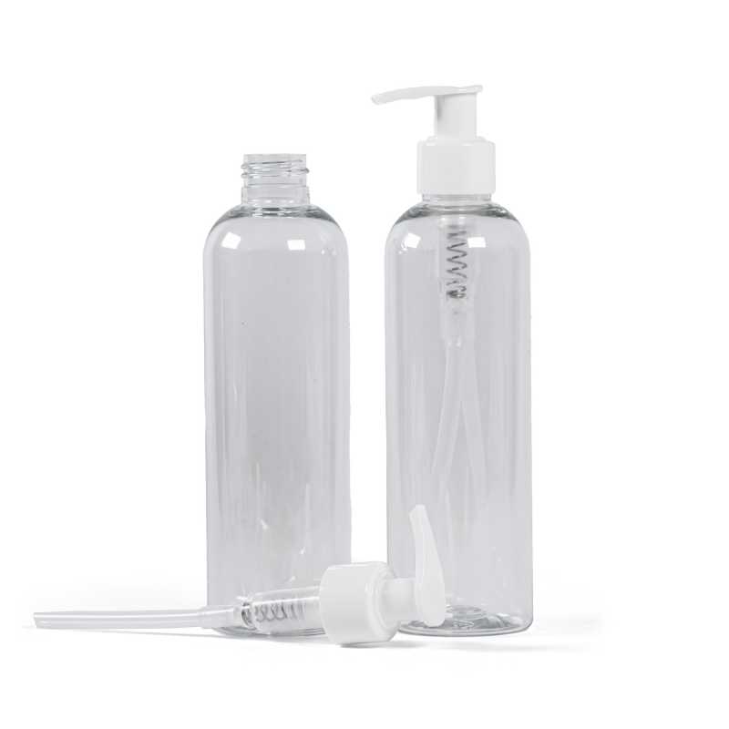 Bottiglia di plastica trasparente, dosatore bianco, 250 ml