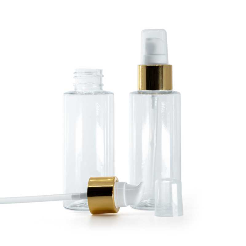 Flacone di plastica trasparente, pompa lozione con sopra-tappo, bianco-oro, 100 ml