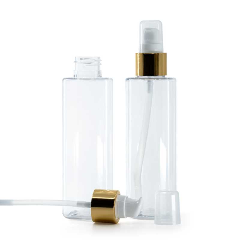 Bottiglia di plastica trasparente, dosatore con sopra-tappo, bianco e oro, 150 ml
