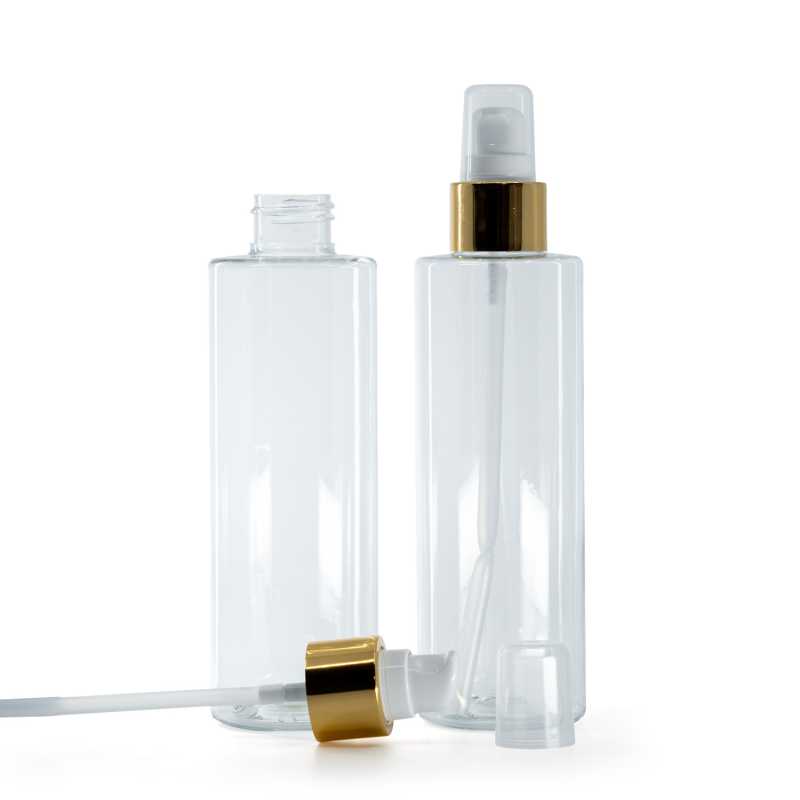 Bottiglia di plastica trasparente, dosatore bianco con sopra-tappo, dorato, 200 ml