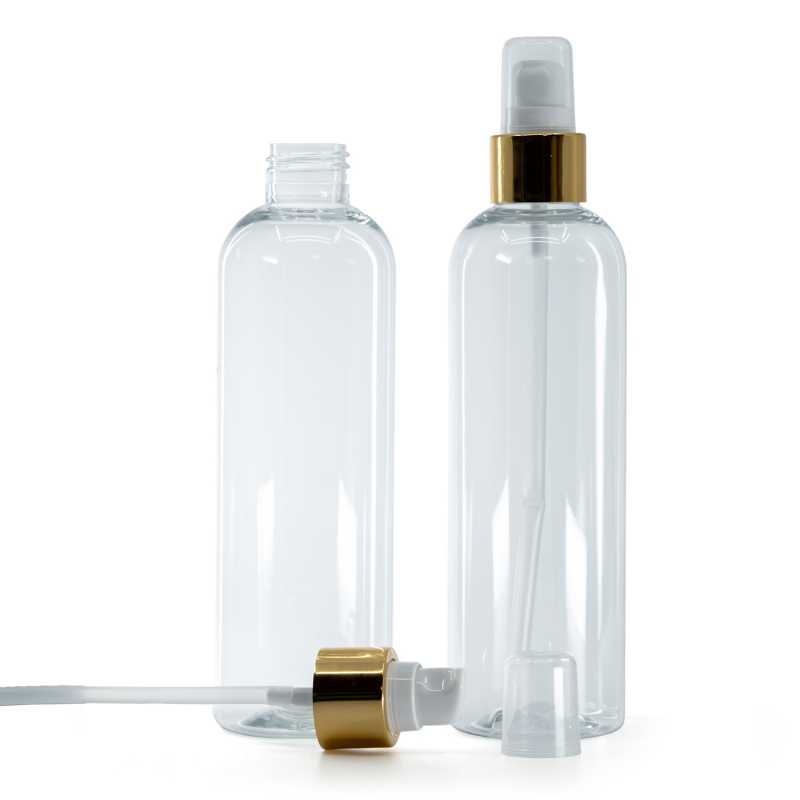 Bottiglia di plastica trasparente, pompa lozione bianca con sopra-tappo oro lucido, 250 ml