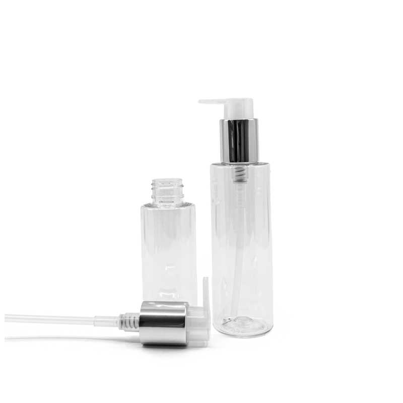 Bottiglia di plastica trasparente, pompa argentata, 150 ml