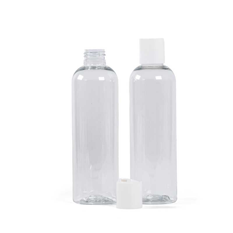 Bottiglia di plastica trasparente, tappo disc-top bianco, 250 ml