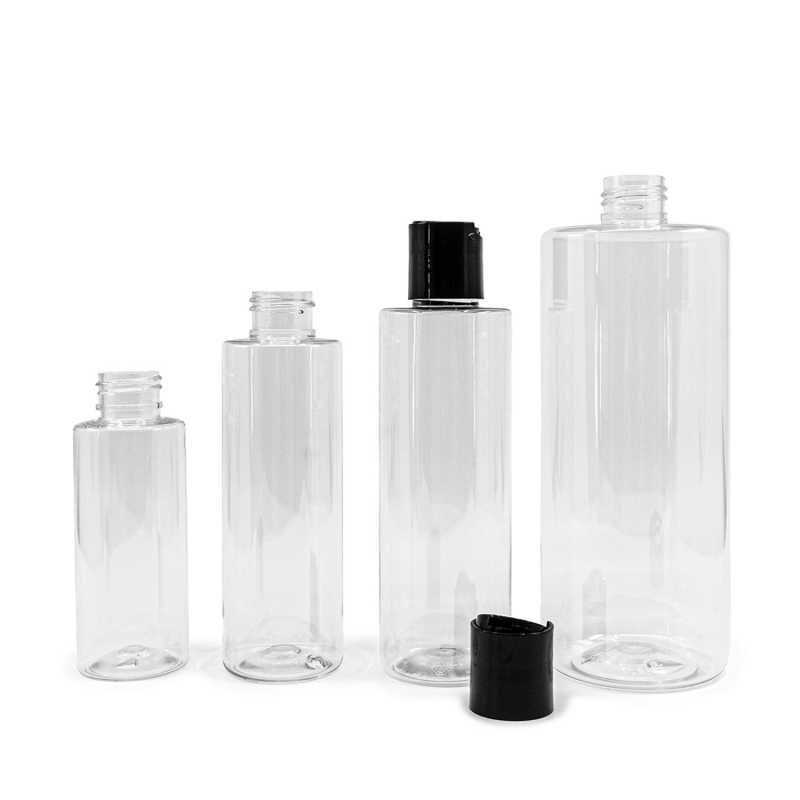 Bottiglia di plastica trasparente, tappo disc-top nero, 200 ml