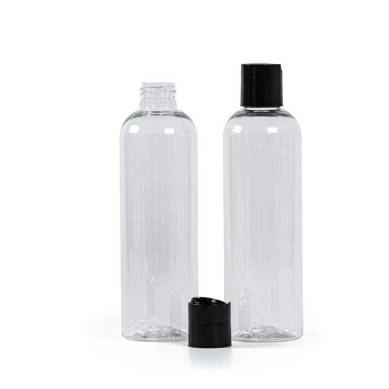 Bottiglia di plastica trasparente, tappo disc-top nero, 250 ml