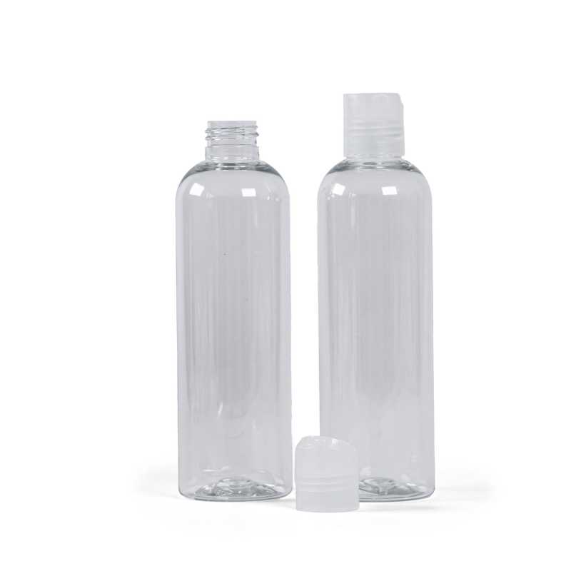 Bottiglia di plastica trasparente, tappo disc-top trasparente, 250 ml