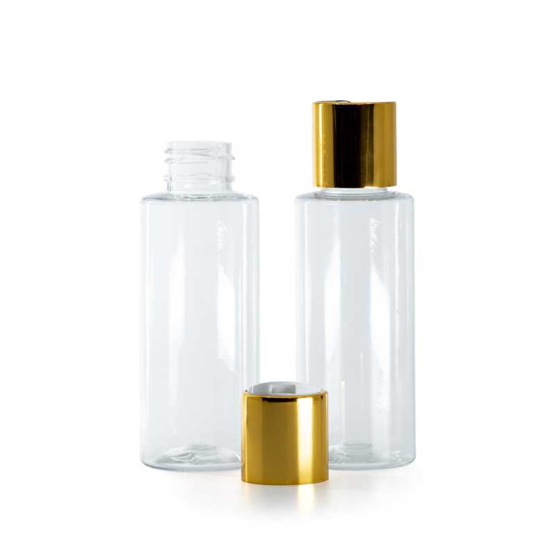 Flacone di plastica trasparente, tappo disc-top, dorato, inserto bianco, 100 ml