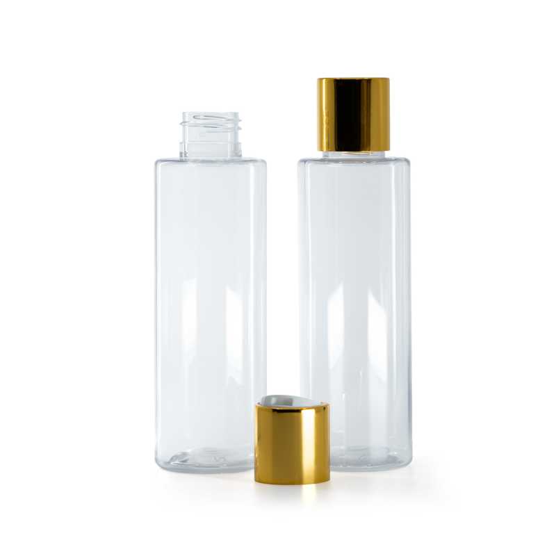 Bottiglia di plastica trasparente, tappo disc-top dorato, parte centrale bianca, 150 ml