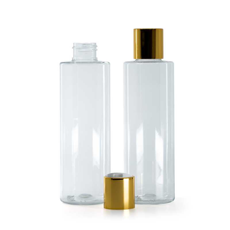 Bottiglia di plastica trasparente, tappo disc-top dorato con inserto bianco, 200 ml