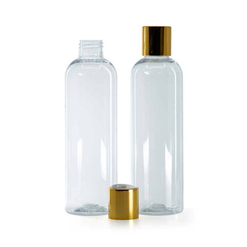Bottiglia di plastica trasparente, tappo disc-top dorato con inserto bianco, 250 ml