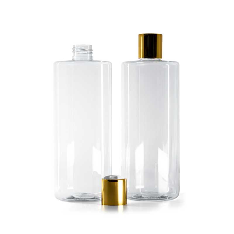 Bottiglia di plastica trasparente, tappo disc-top dorato con inserto bianco, 500 ml