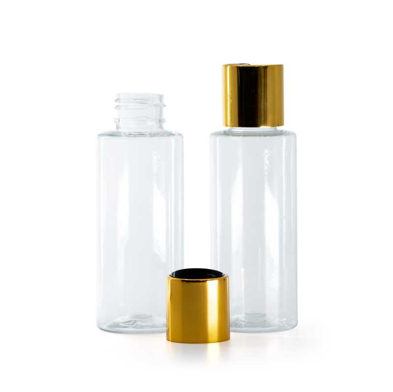 Flacone di plastica trasparente, tappo disc-top nero con collarino in alluminio dorato, 100 ml