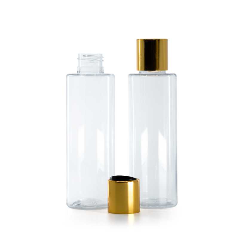 Bottiglia di plastica trasparente, tappo disc-top nero con ghiera in alluminio dorato, 150 ml