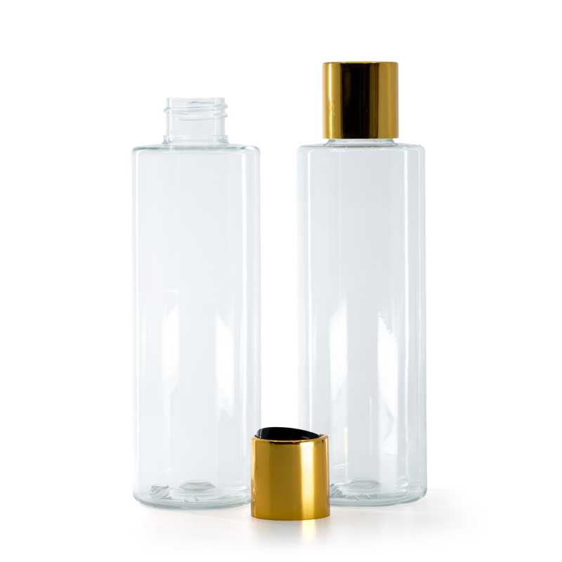 Bottiglia di plastica trasparente, tappo disc-top nero con collarino in alluminio dorato, 200 ml