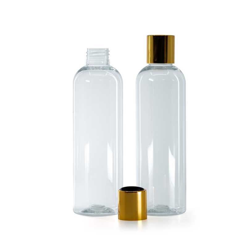 Bottiglia di plastica trasparente, tappo disc-top, dorato, inserto nero, 250 ml