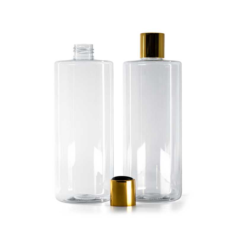 Bottiglia di plastica trasparente, tappo disc-top in plastica nera con collarino in alluminio dorato, 500 ml