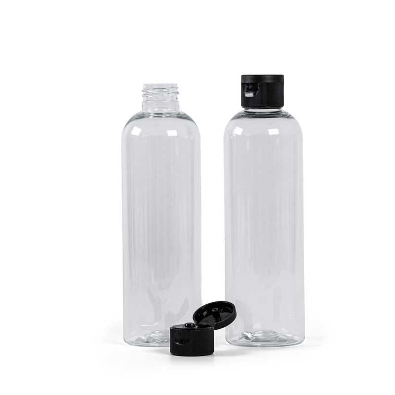 Bottiglia di plastica trasparente, tappo flip-top nero, 250 ml