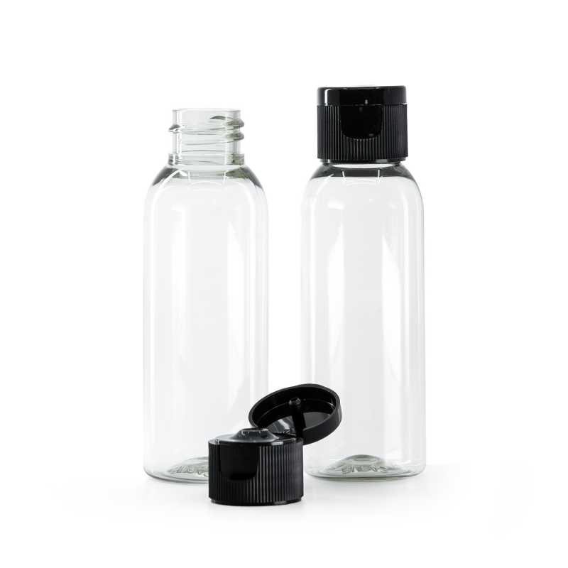 Bottiglia in plastica riciclata, trasparente, tappo flip top nero, 50 ml