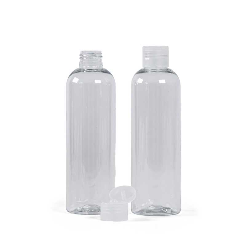 Bottiglia di plastica trasparente, tappo flip-top trasparente, 250 ml