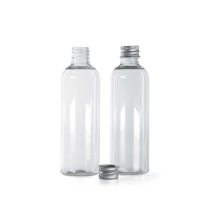 Bottiglia di plastica trasparente, tappo in alluminio, 100 ml