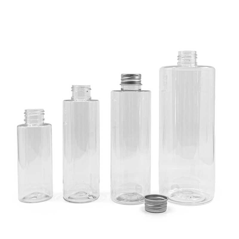 Bottiglia di plastica trasparente, 200 ml, tappo in alluminio