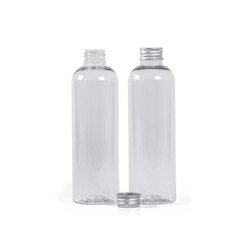 Bottiglia di plastica trasparente, 250 ml, tappo in alluminio argentato