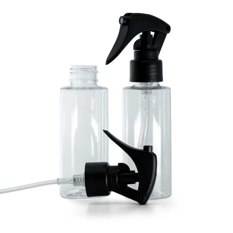 Flacone di plastica trasparente, spruzzatore a grilletto nero opaco, collare liscio, 100 ml