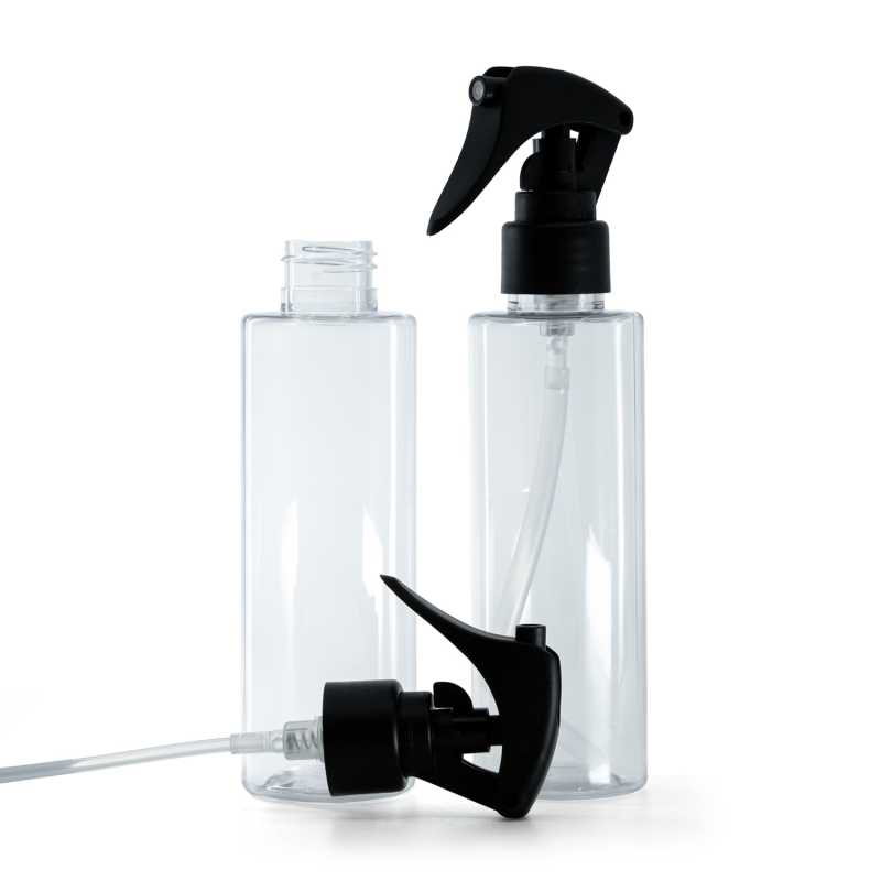 Bottiglia di plastica trasparente, spruzzatore a grilletto nero opaco, anello liscio, 150 ml