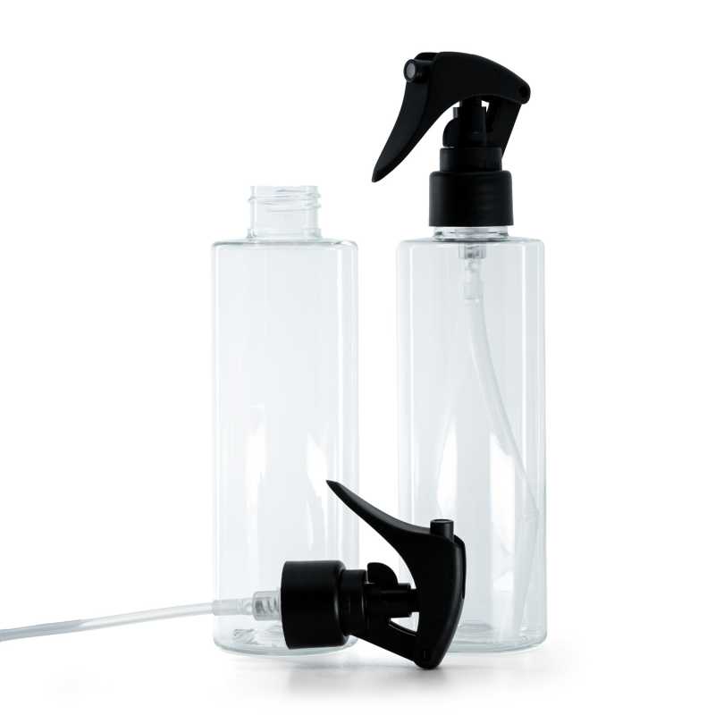 Bottiglia di plastica trasparente, spruzzatore a grilletto nero opaco, anello liscio, 200 ml