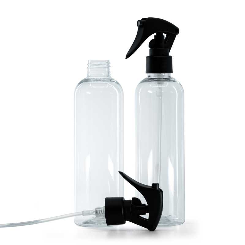 Bottiglia di plastica trasparente, spruzzatore a grilletto nero opaco, anello liscio, 250 ml