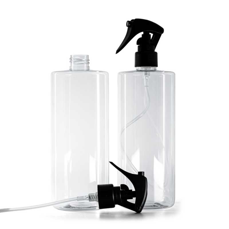 Bottiglia di plastica trasparente, spruzzatore a grilletto nero opaco, anello liscio, 500 ml