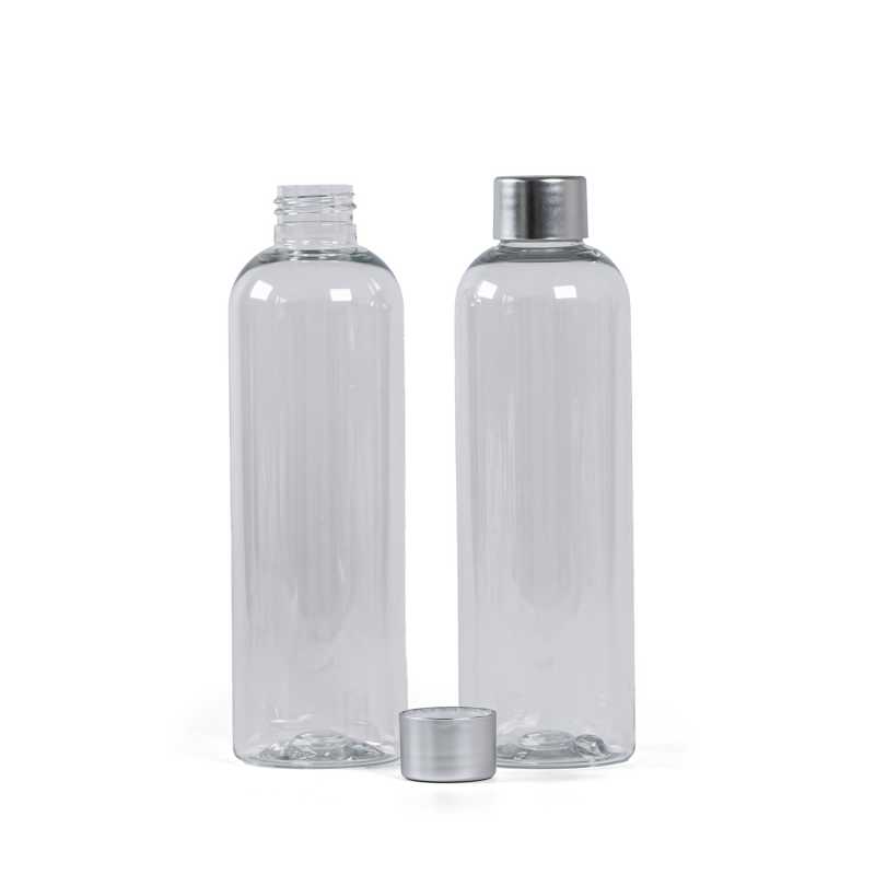 Bottiglia di plastica trasparente, 250 ml, tappo argento opaco