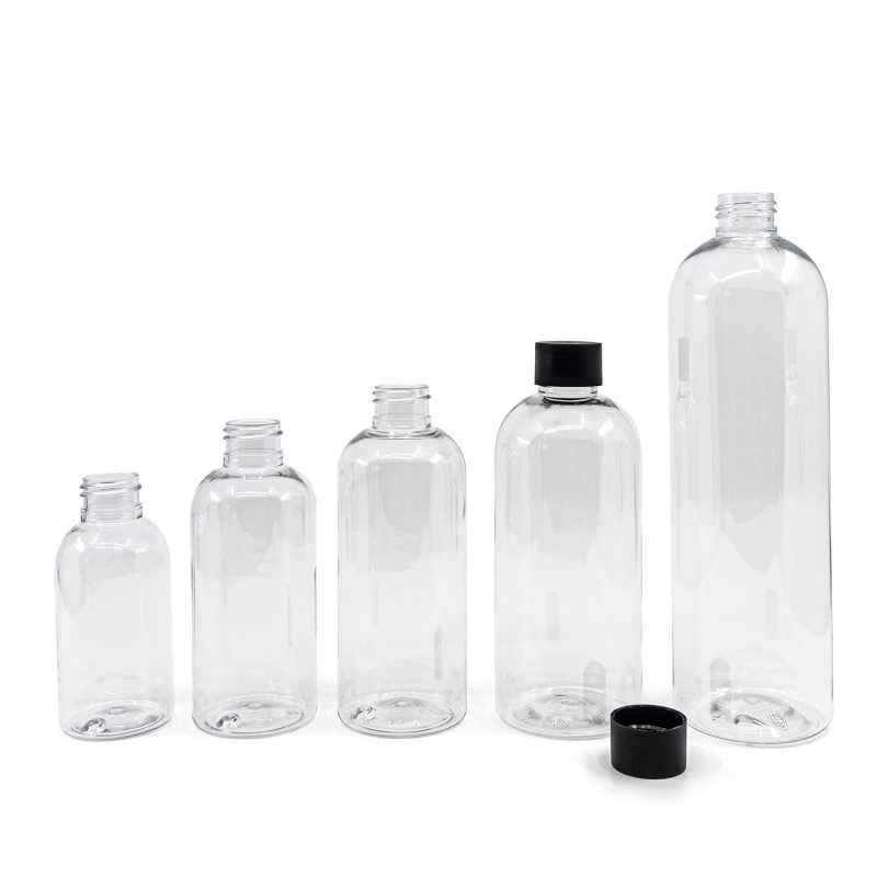 Bottiglia in plastica, trasparente tonda, 24/410, tappo in plastica nero opaco, 500 ml
