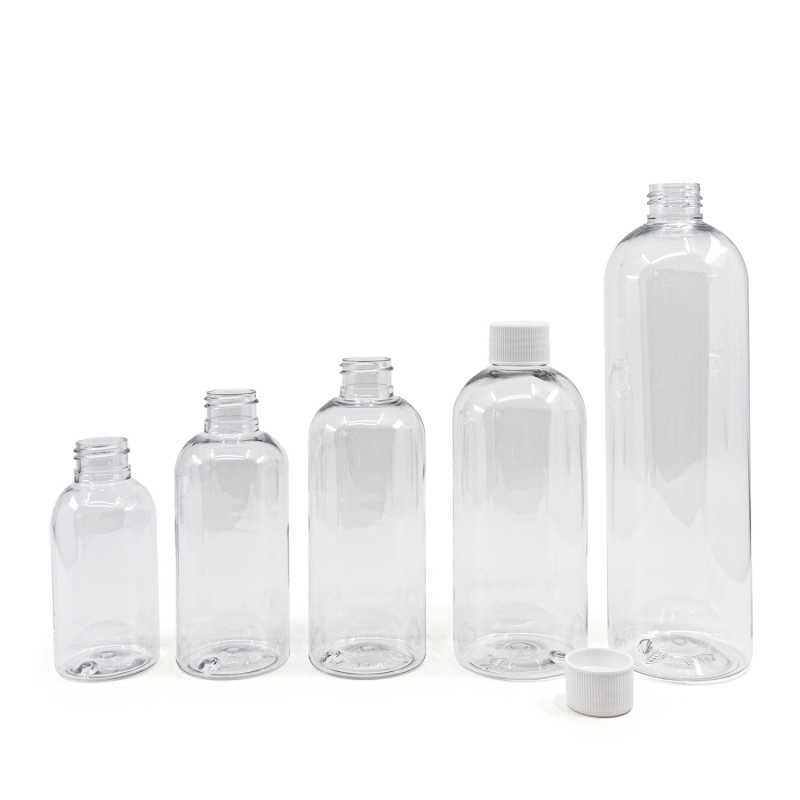 Bottiglia in plastica, trasparente rotonda, tappo bianco, 500 ml