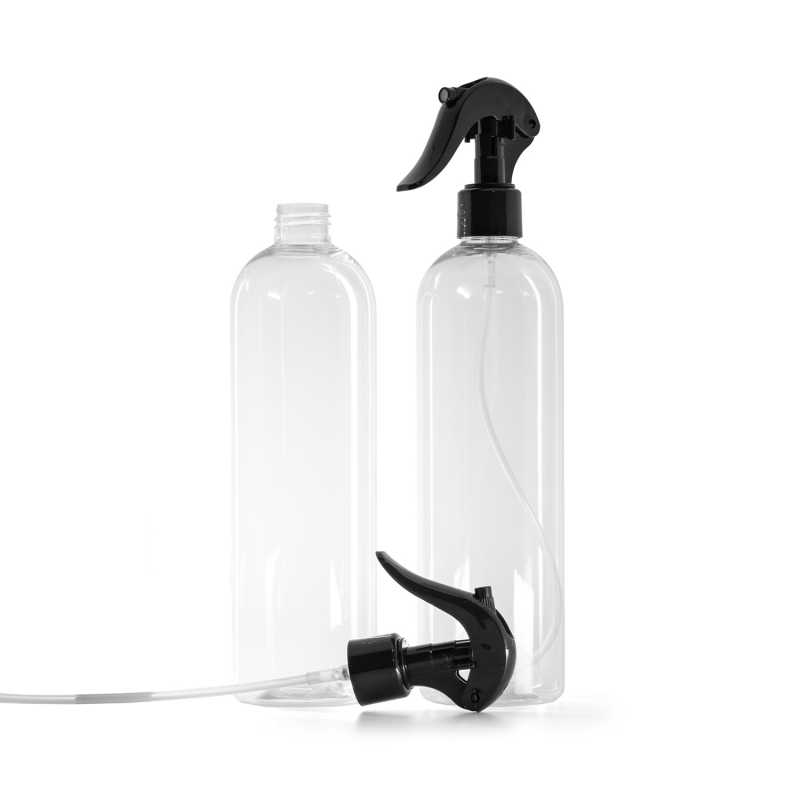 Bottiglia in plastica, trasparente tonda, spruzzatore a grilletto nero, 500 ml