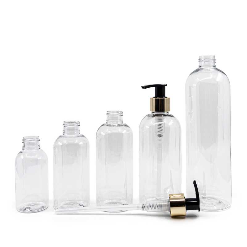 Bottiglia di plastica trasparente, arrotondata, pompa nero-oro, 500 ml