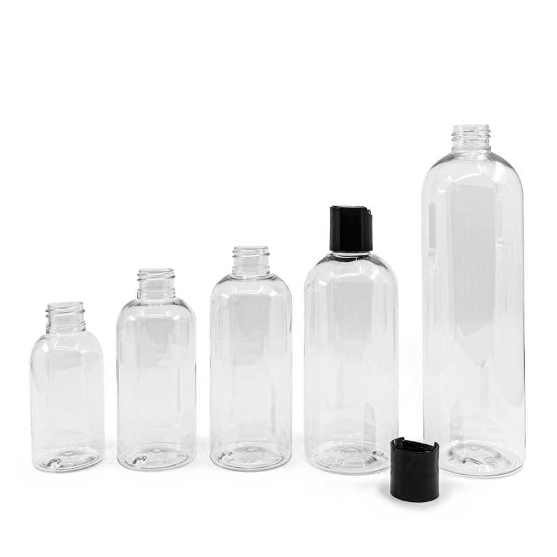 Bottiglia in plastica, trasparente arrotondata, disc top nero, 500 ml