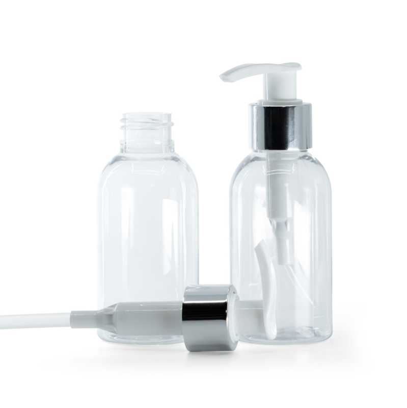 Flacone di plastica trasparente, pompa bianca con anello argento lucido, 100 ml
