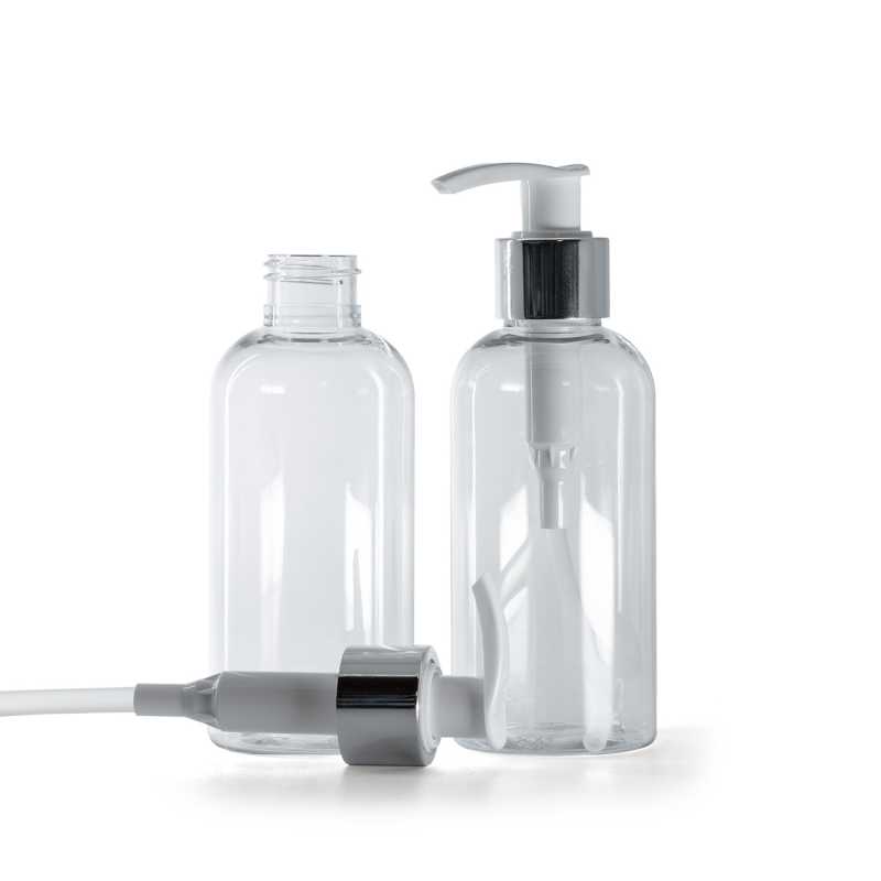 Bottiglia di plastica trasparente, dosatore bianco con anello argentato, 150 ml