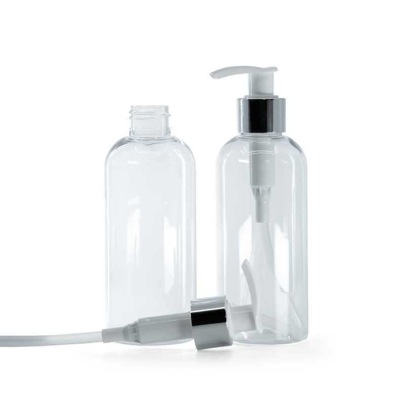 Bottiglia di plastica trasparente, pompa bianca con anello argento lucido, 200 ml