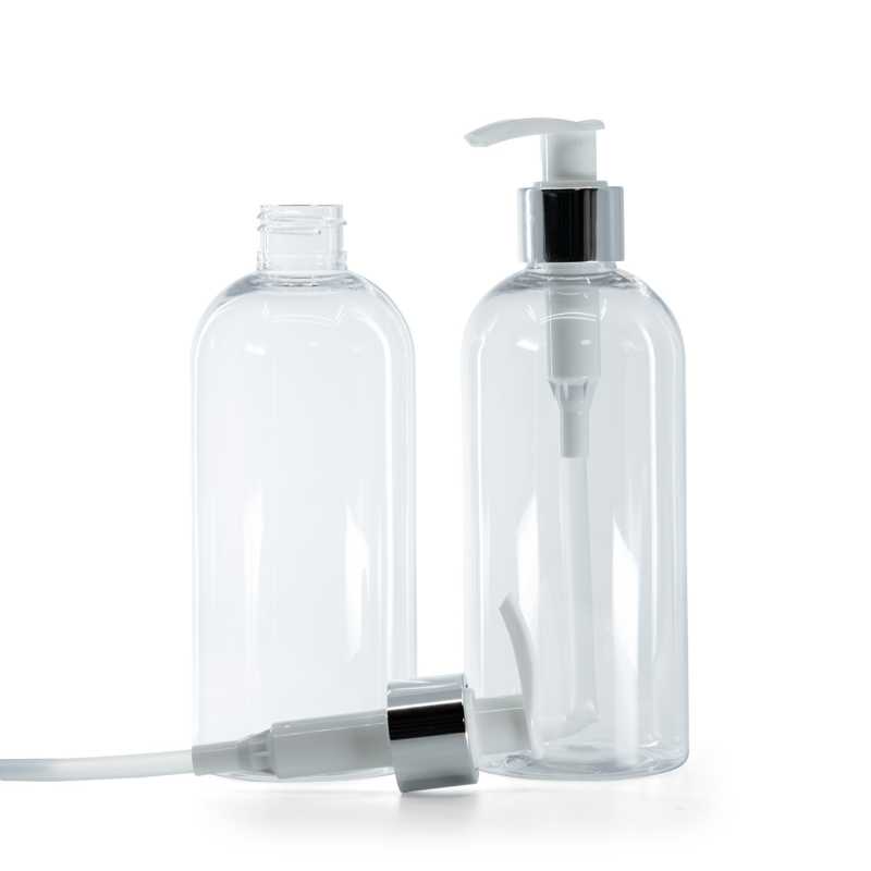 Bottiglia di plastica trasparente, dosatore bianco con collare argentato, 300 ml