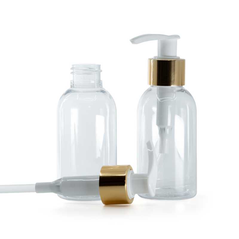 Bottiglia di plastica trasparente, rotonda, pompa bianca con anello oro lucido, 100 ml