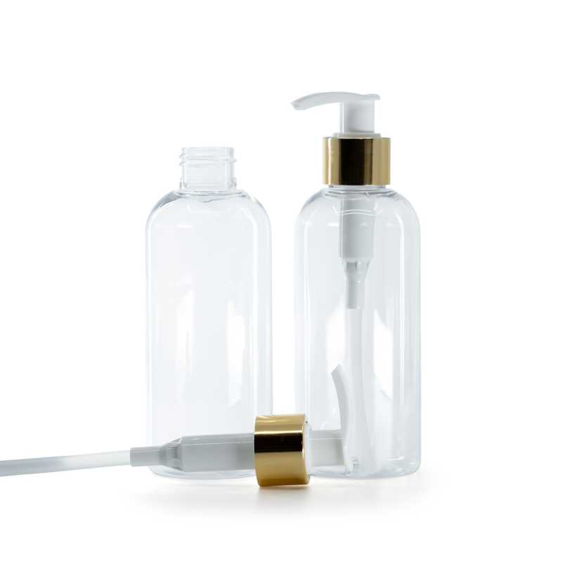 Bottiglia di plastica trasparente, dosatore bianco con anello dorato lucido, 200 ml