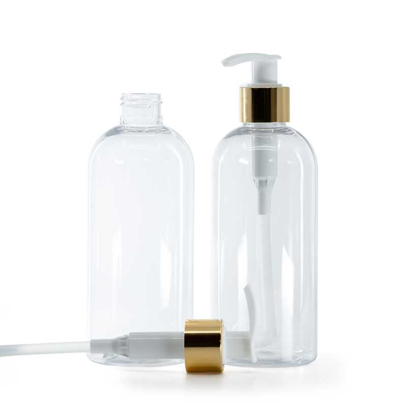 Bottiglia di plastica trasparente, dosatore bianco con anello dorato lucido, 300 ml