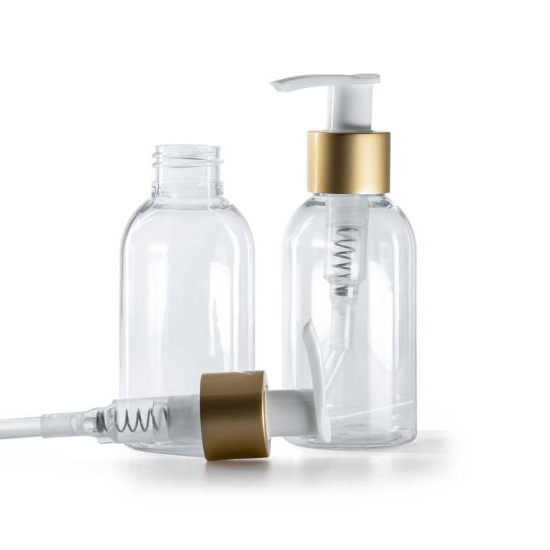 Flacone di plastica trasparente, pompa lozione bianca con collare oro opaco, 100 ml