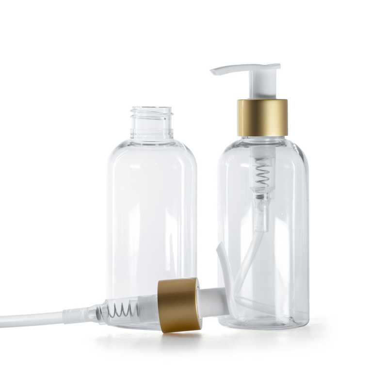 Bottiglia di plastica trasparente, rotonda, pompa lozione bianca con collare oro opaco, 150 ml