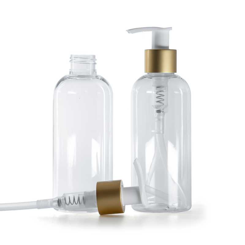 Bottiglia di plastica trasparente, pompa lozione bianca con anello oro opaco, 200 ml