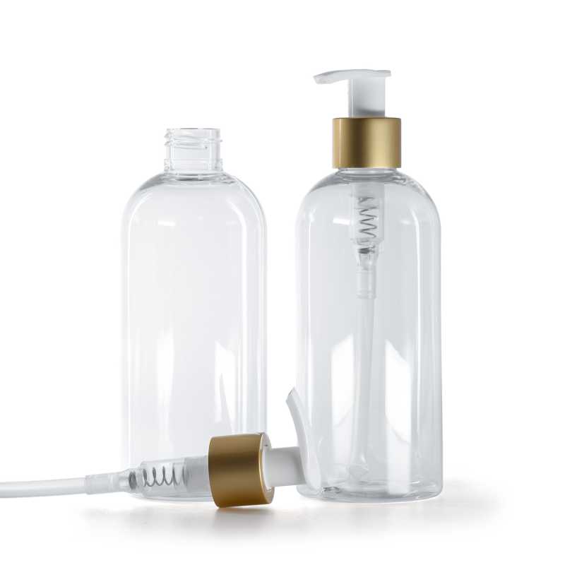 Bottiglia di plastica trasparente, rotonda, pompa bianca con collare oro opaco, 300 ml