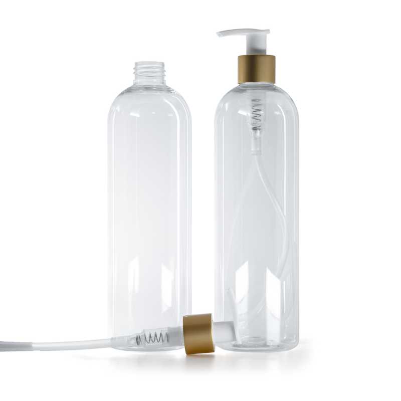 Bottiglia di plastica trasparente, dosatore bianco con anello oro opaco, 500 ml