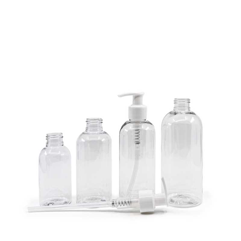 Flacone rotondo in plastica trasparente, pompa bianca, 100 ml